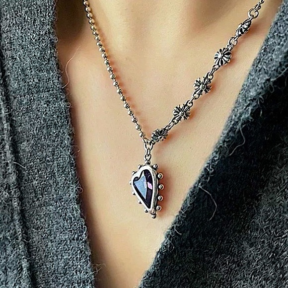 Heart Amethyst Sterling Silver Pendant Charm Punk Necklace - Picture 4 of 7